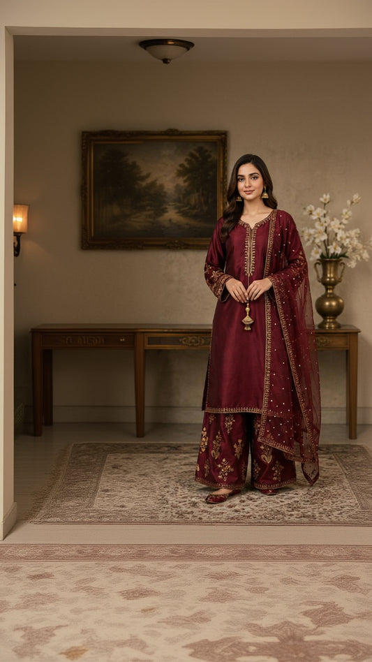 Royal Maroon Zari Embroidered Palazzo Suit
