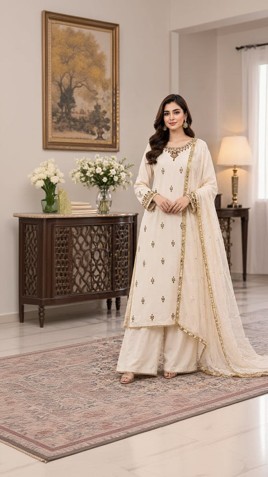 Ivory Noor Embroidered Palazzo 3 Piece