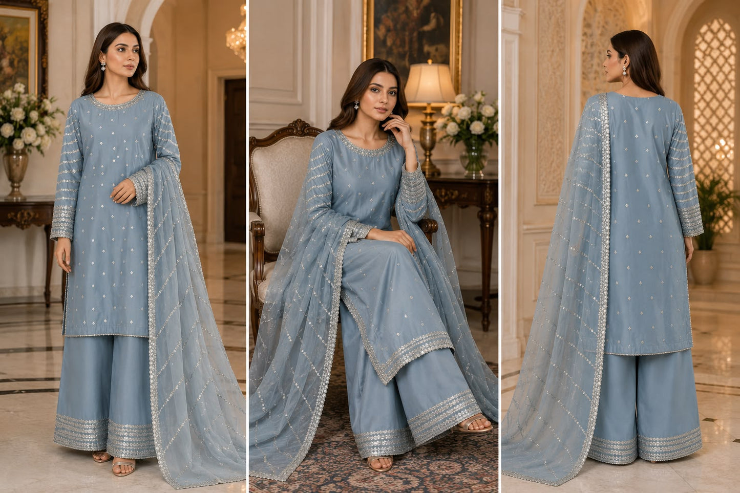 Powder Blue 3-Piece Embroidered Suit