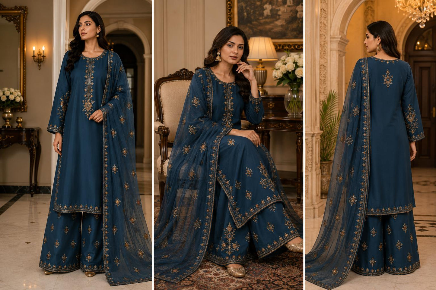 Fly Navy Blue Embroidered 3-Piece Suit