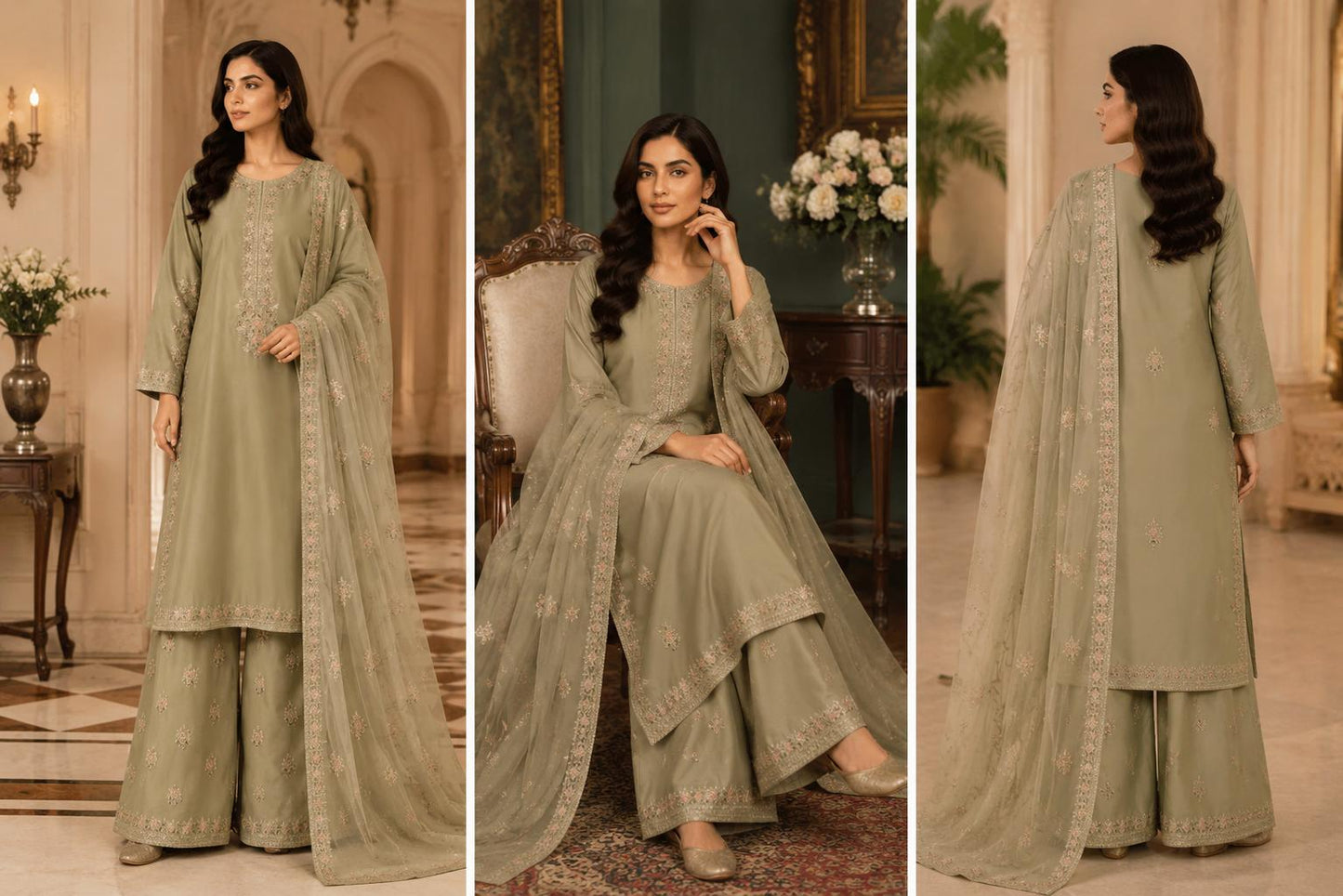 Sage Bloom – Pastel Embroidered Three-Piece Suit
