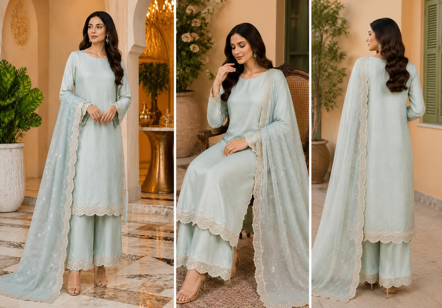 Mint Mist Elegance – Lace-Detailed 3-Piece Formal Suit