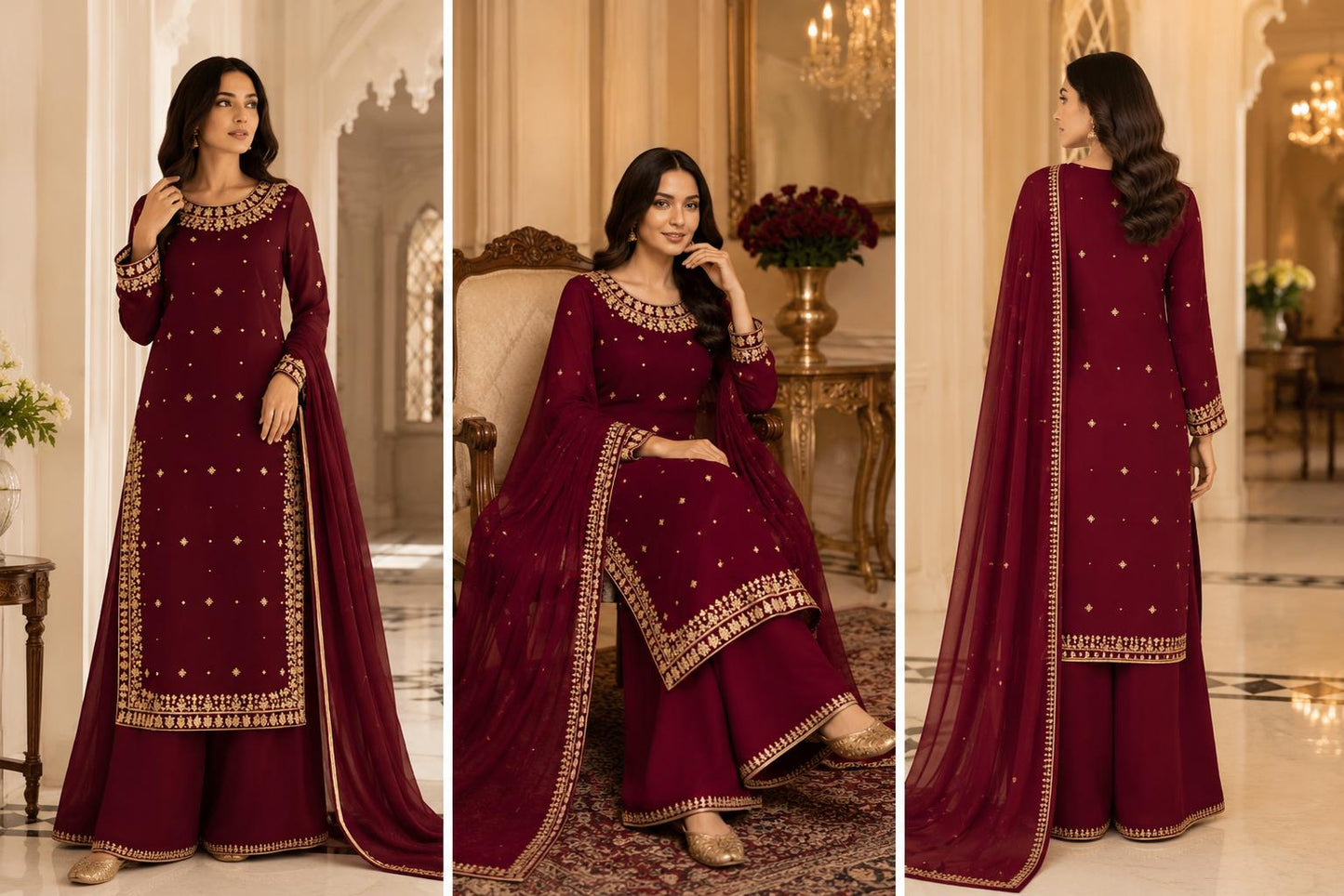 Royal Maroon – Golden Embroidered Three-Piece Suit