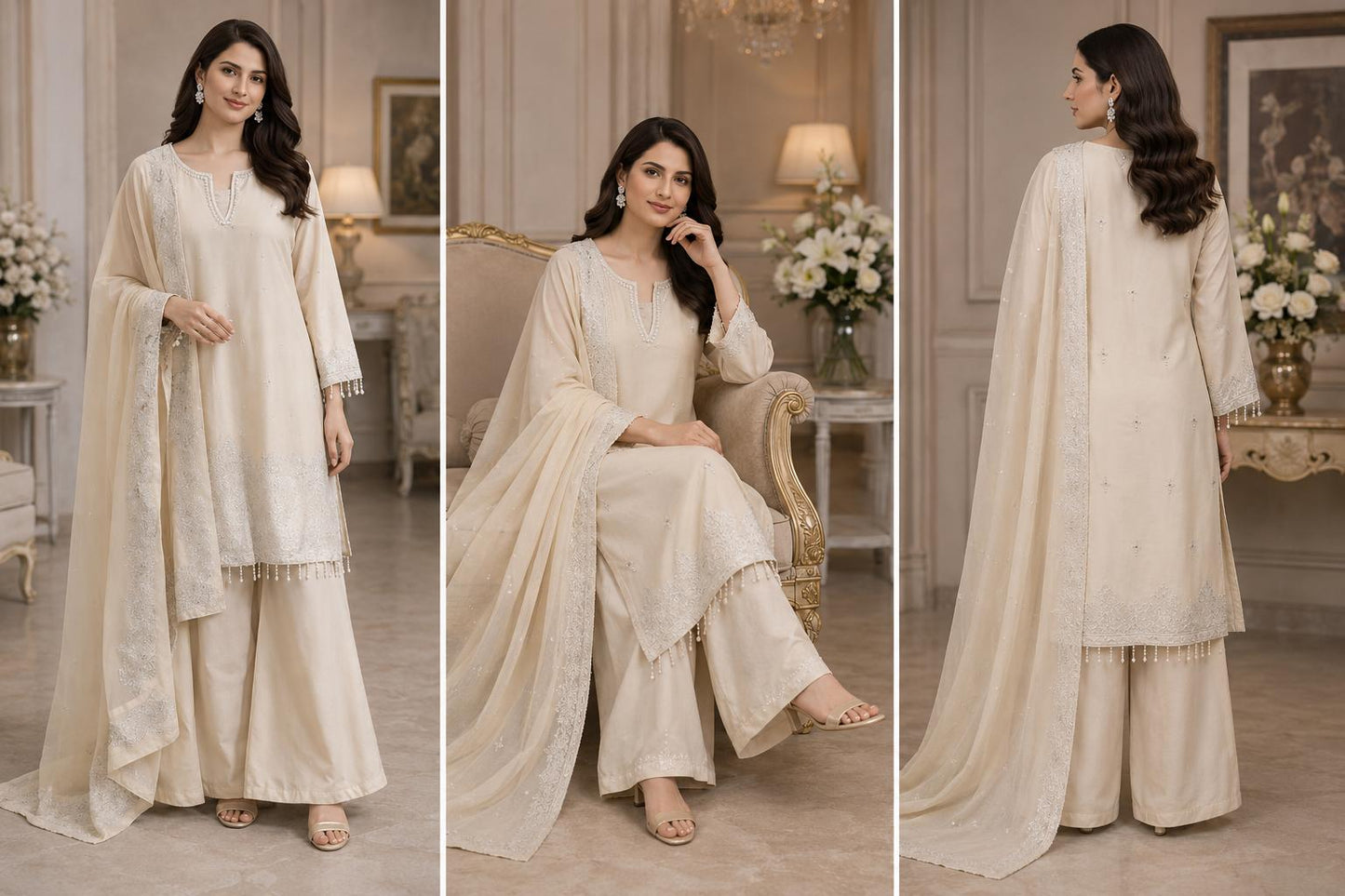 Ivory Pearl Embroidered Palazzo Suit