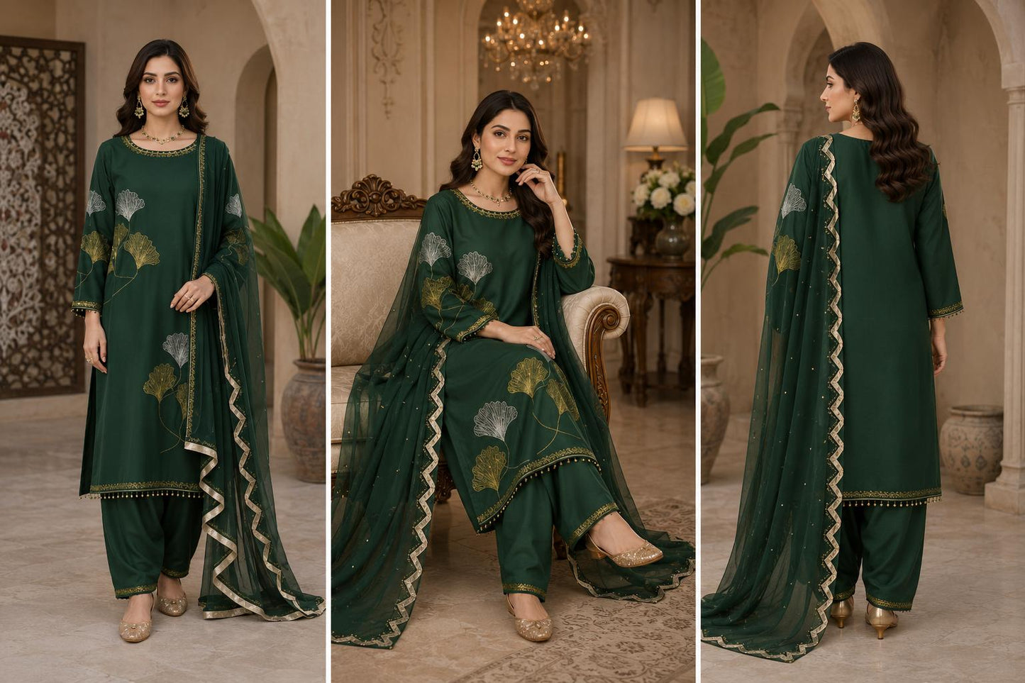 Emerald Ginkgo Embroidered Festive Suit