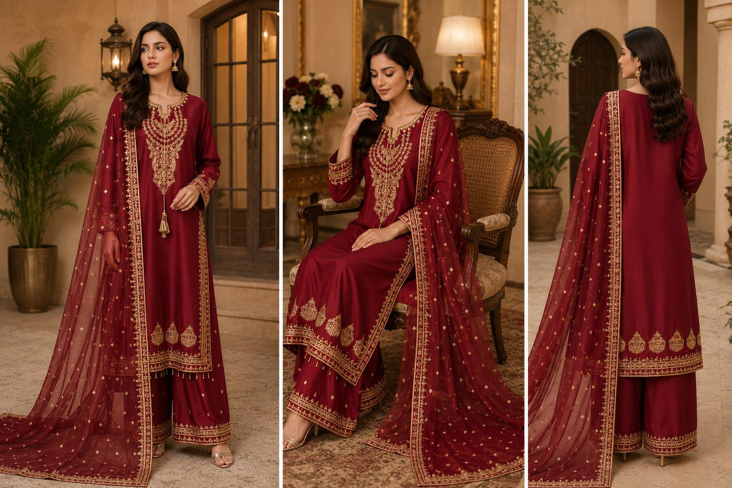 Royal Maroon Zari Elegance – Embroidered 3-Piece Formal Suit