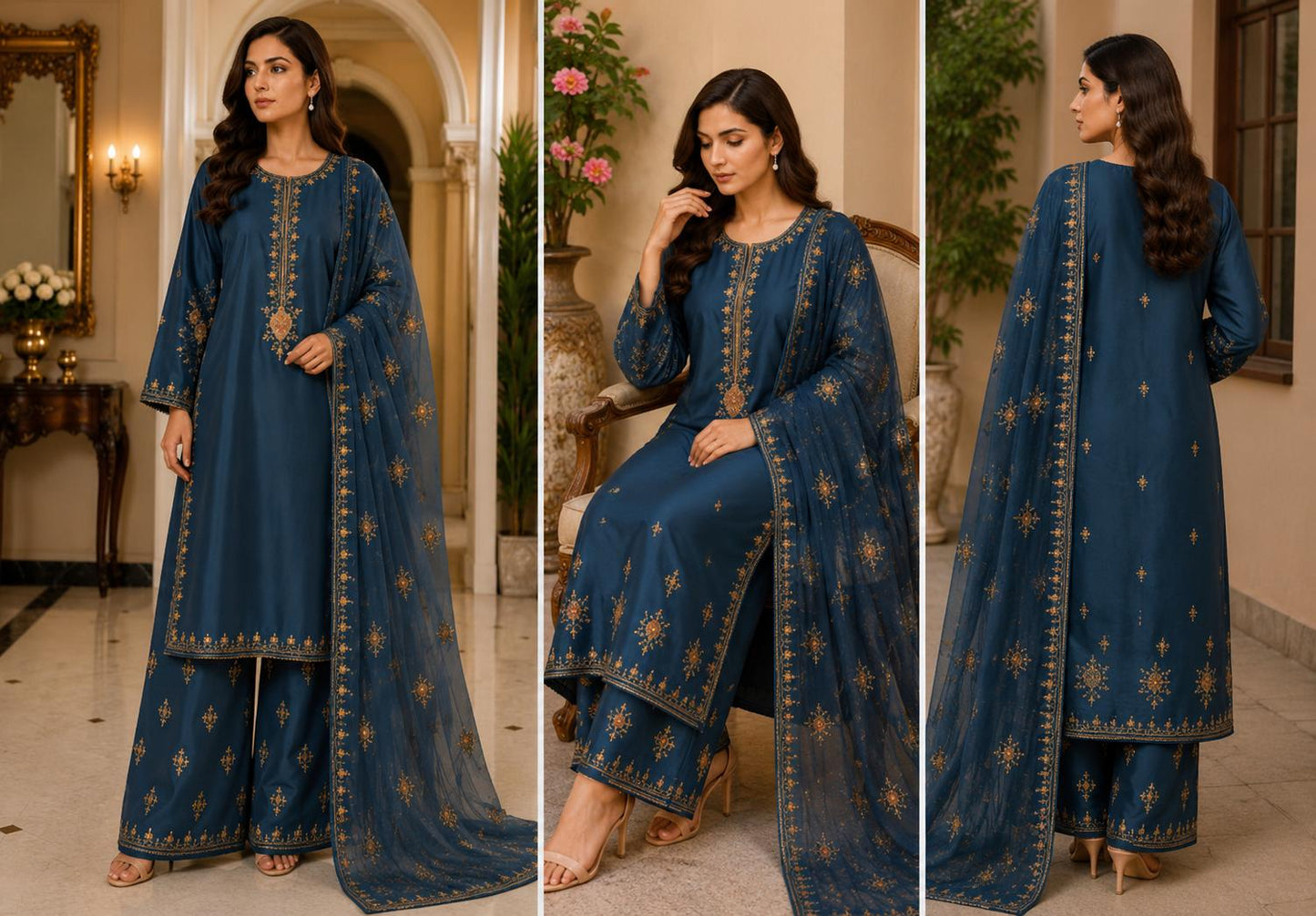 Midnight Teal Golden Bloom Embroidered 3-Piece Suit