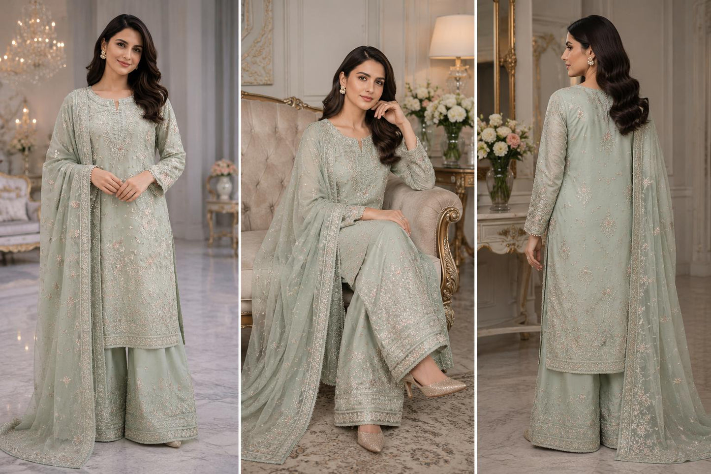 Sage Blossom Embroidered Palazzo Suit