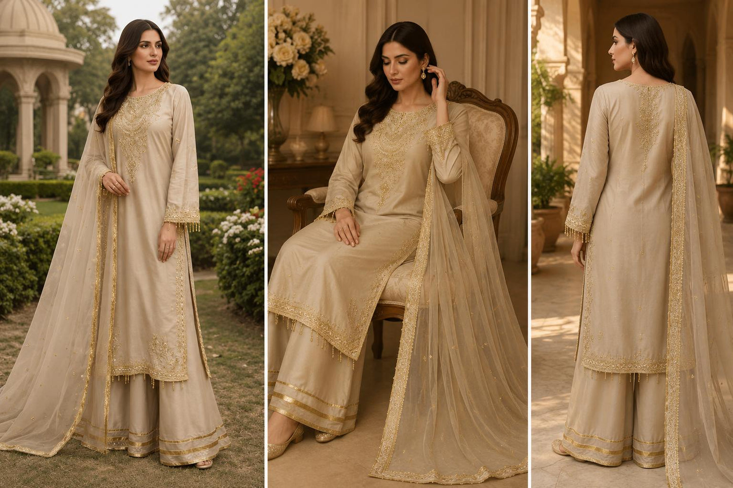 Champagne Gold Embroidered Farshi Palazzo Suit