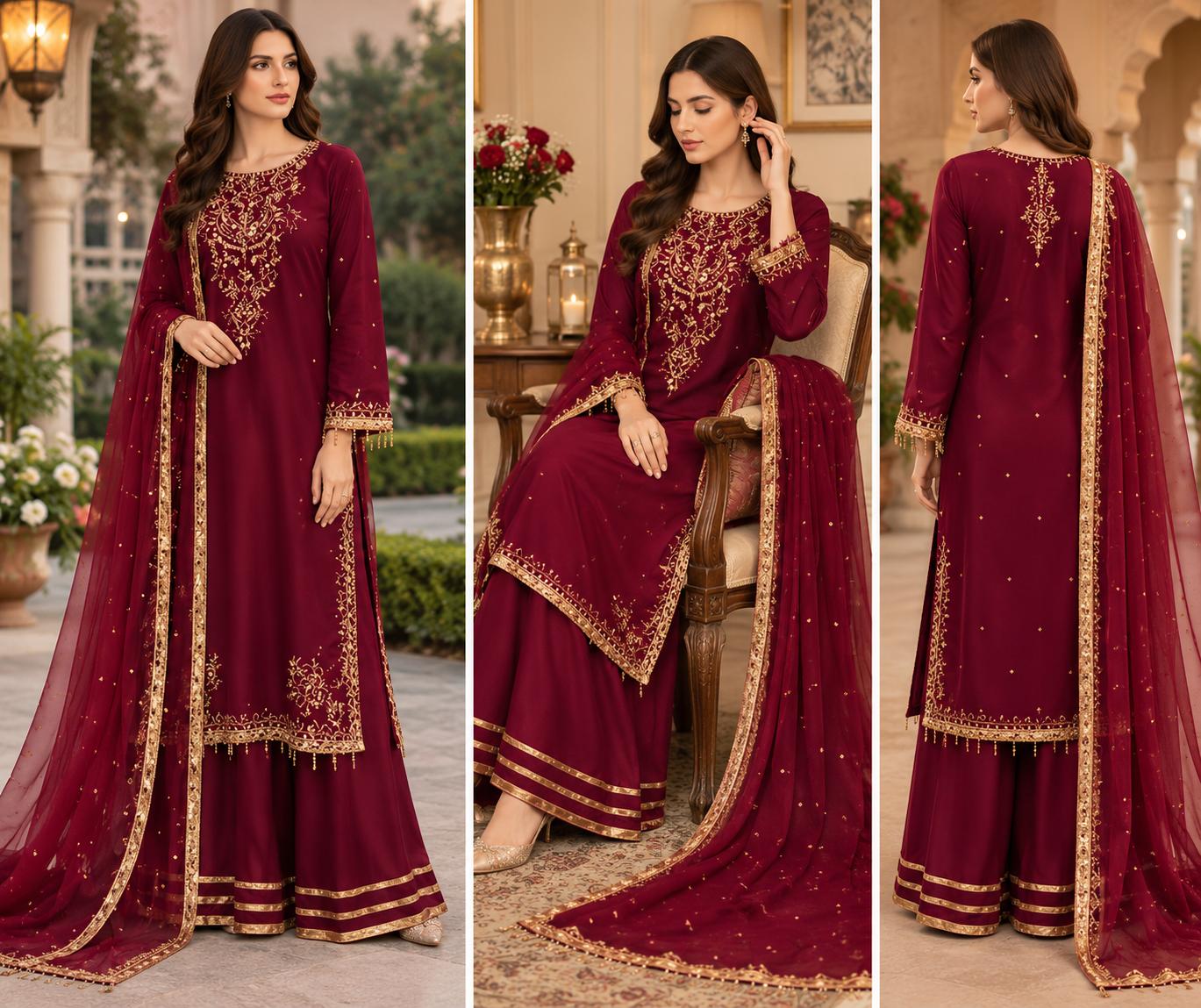 Ruby Maroon Gold Embroidered Farshi Palazzo 3 Piece