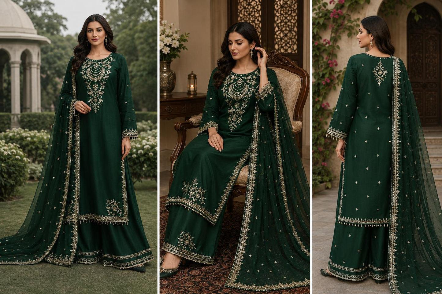 Emerald Green Gold Embroidered Farshi Palazzo 3 Piece Suit