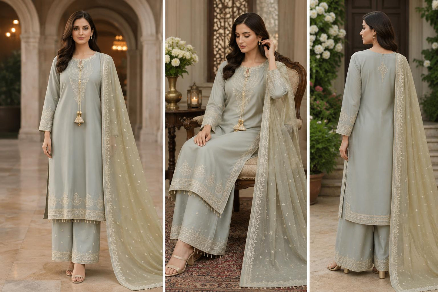 Sage Mist Pearl Embroidered Palazzo Suit