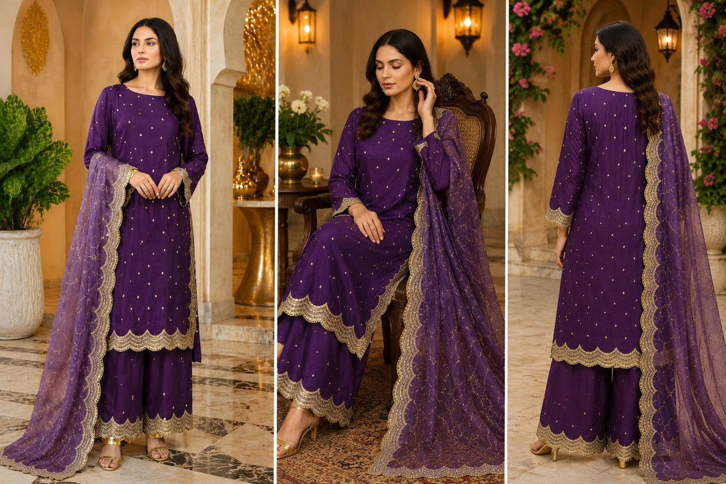Royal Amethyst Gold-Embroidered Palazzo Suit