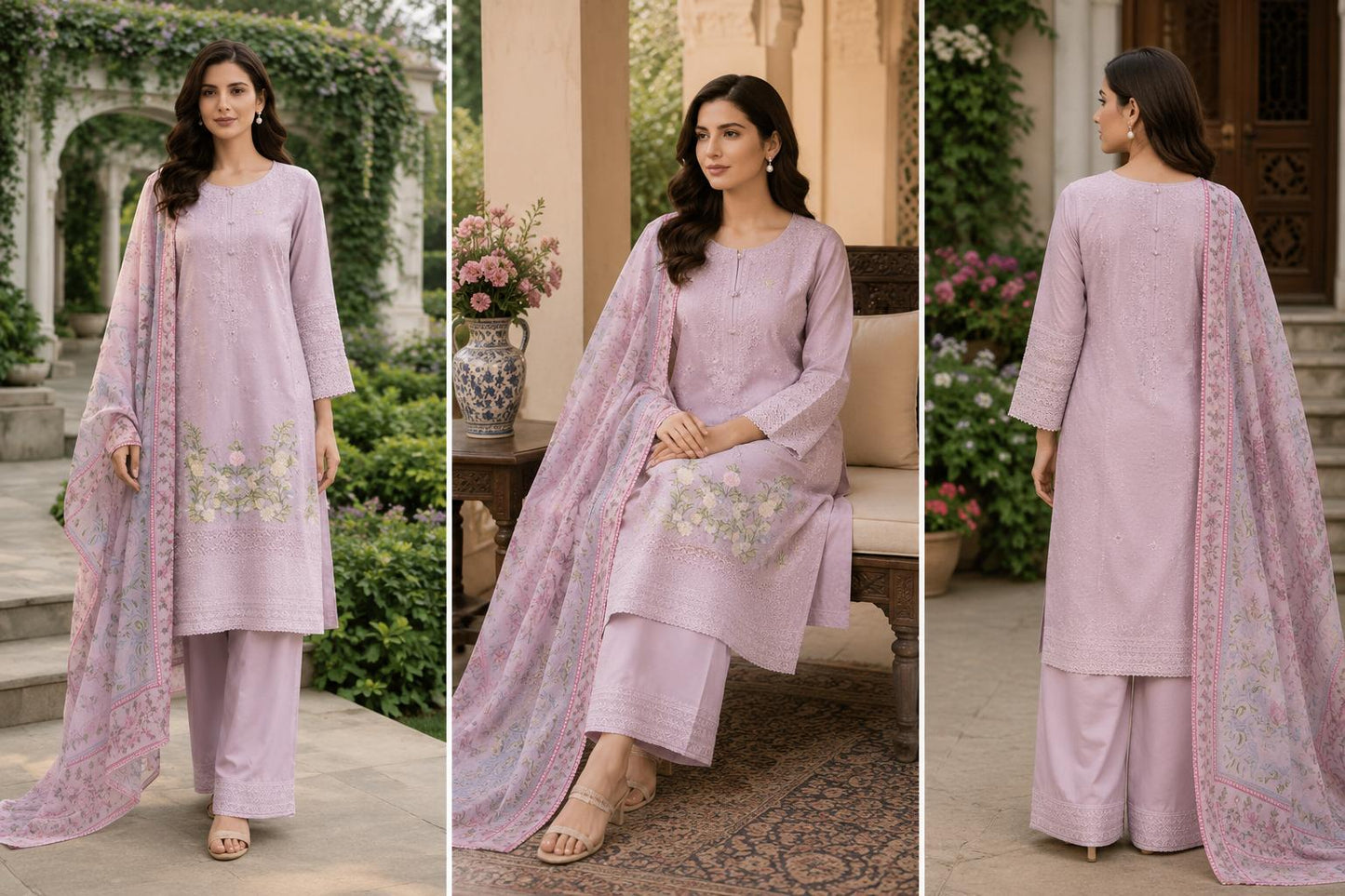 Lavender Garden Embroidered Three-Piece Suit