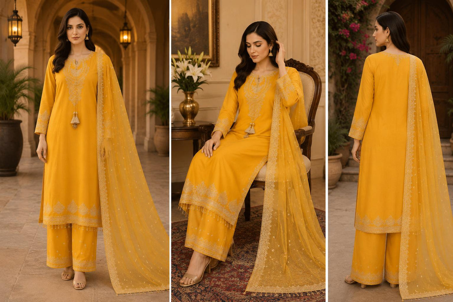 Mustard Gold Embroidered Festive Suit