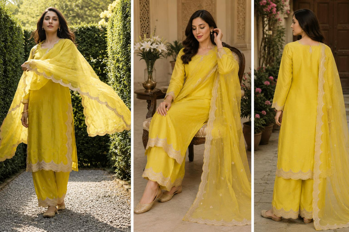 Sunlit apple green Embroidered Three-Piece Suit