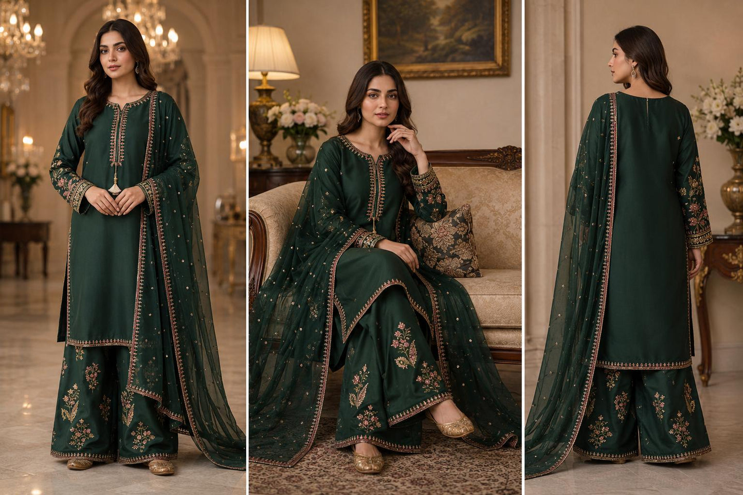 Emerald Bloom Embroidered Palazzo 3 Piece Suit