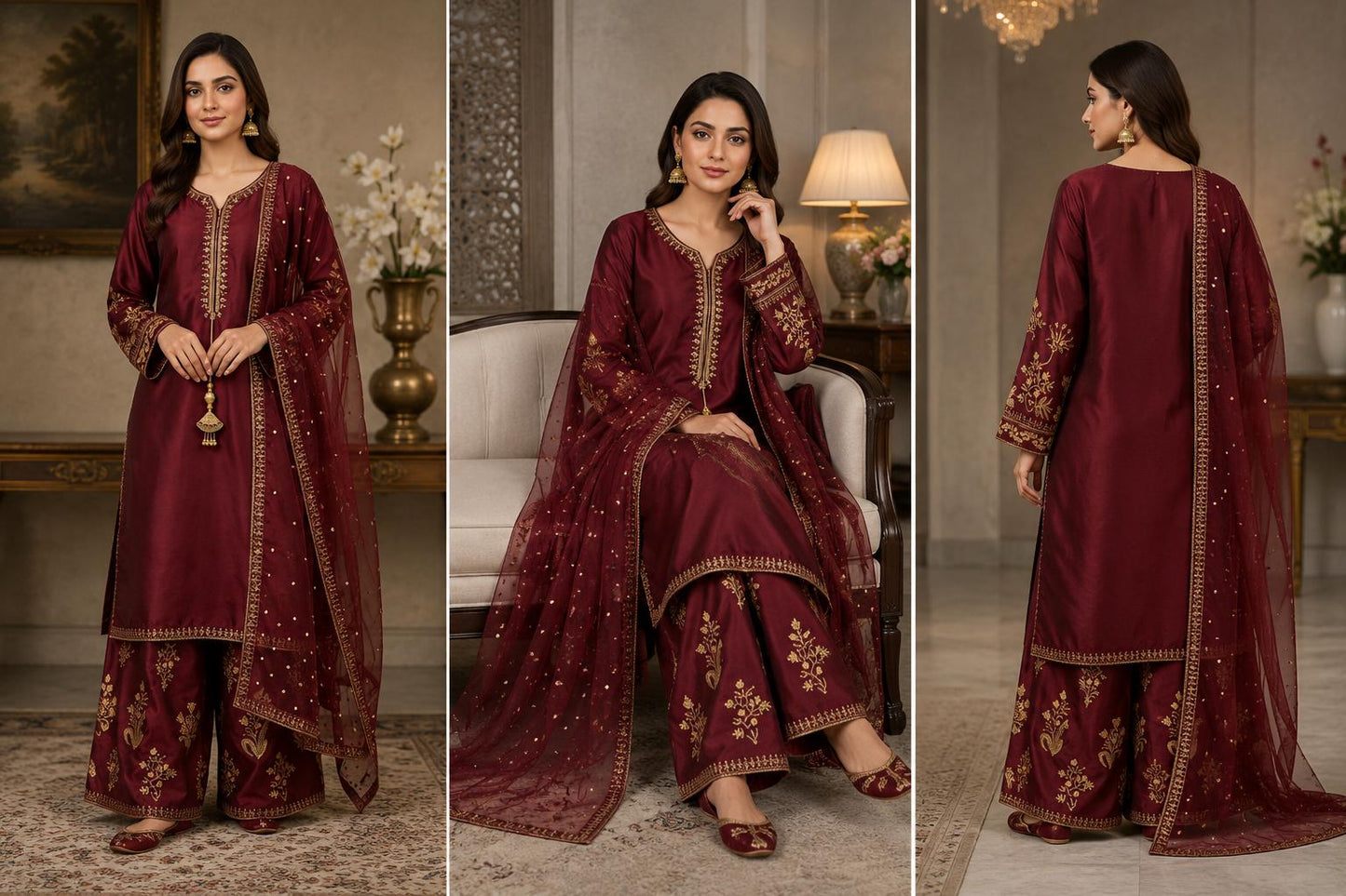Royal Maroon Zari Embroidered Palazzo Suit