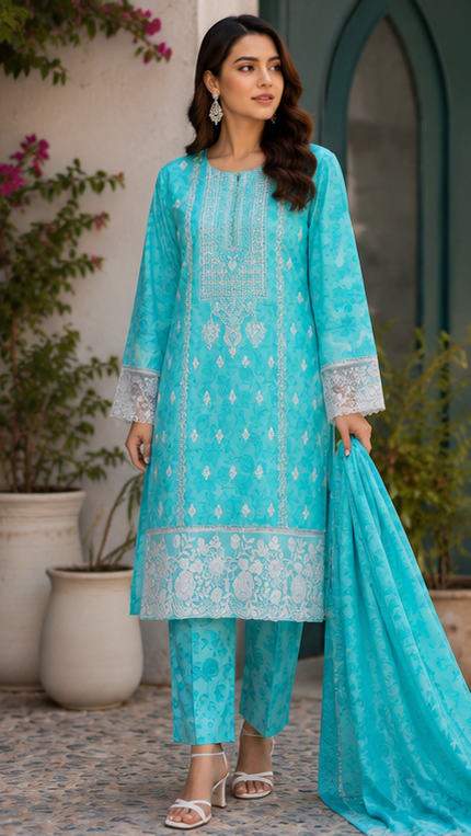 Turquoise Blossom – Stitched 3 Piece Suit