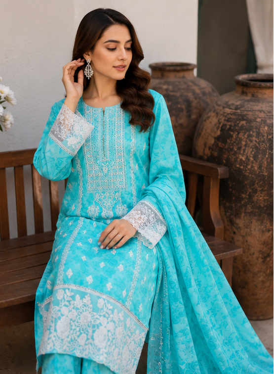Turquoise Blossom – Stitched 3 Piece Suit