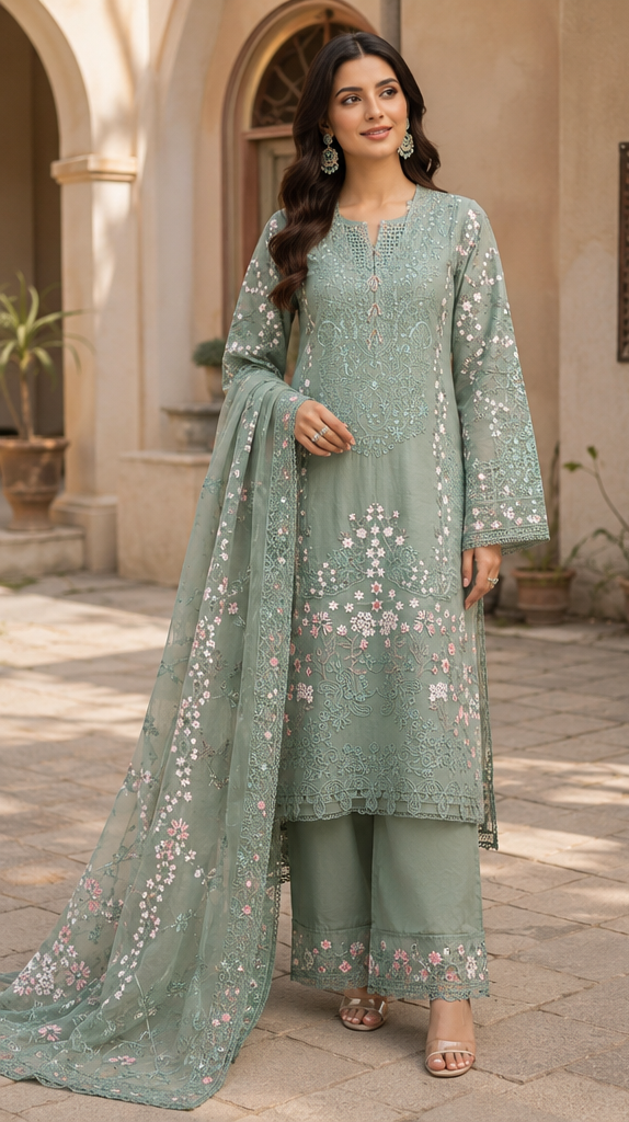 Mint Elegance Embroidered Suit - 3 Piece