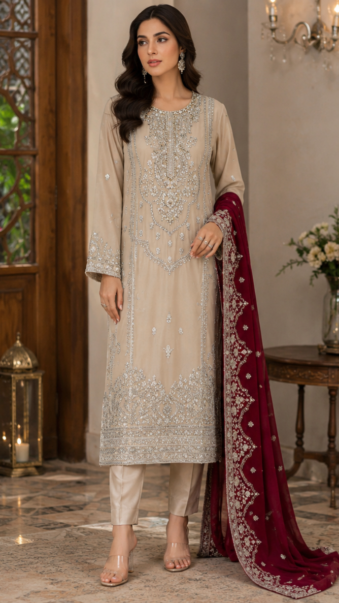 Royal Sand Embroidered Suit - 3 Piece