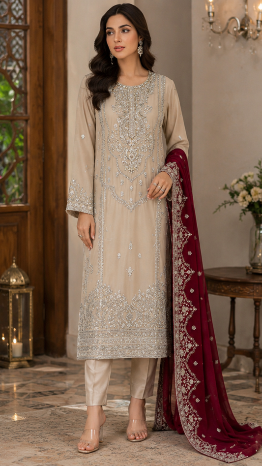 Royal Sand Embroidered Suit - 3 Piece