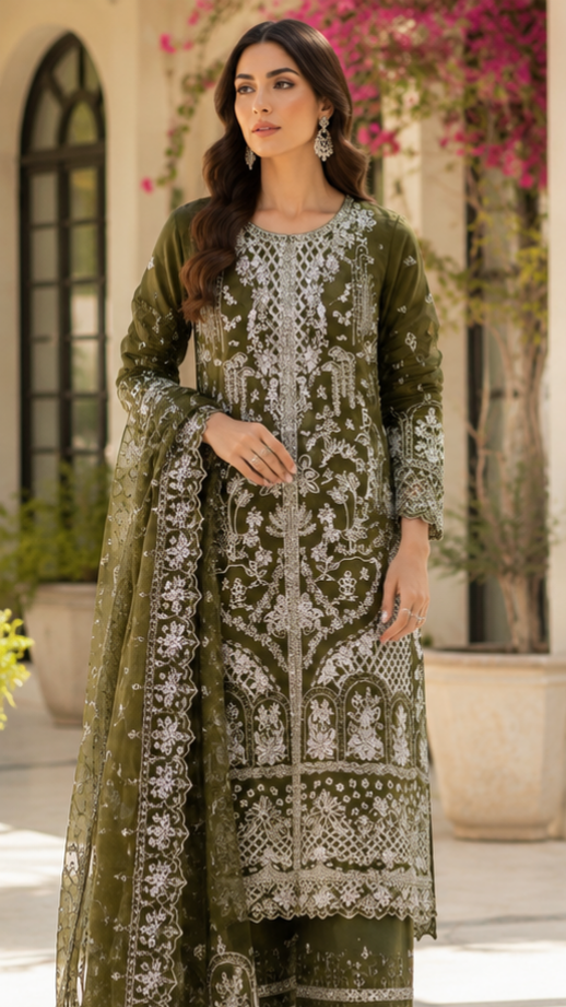 Olive Royale Embroidered Suit - 3 Piece