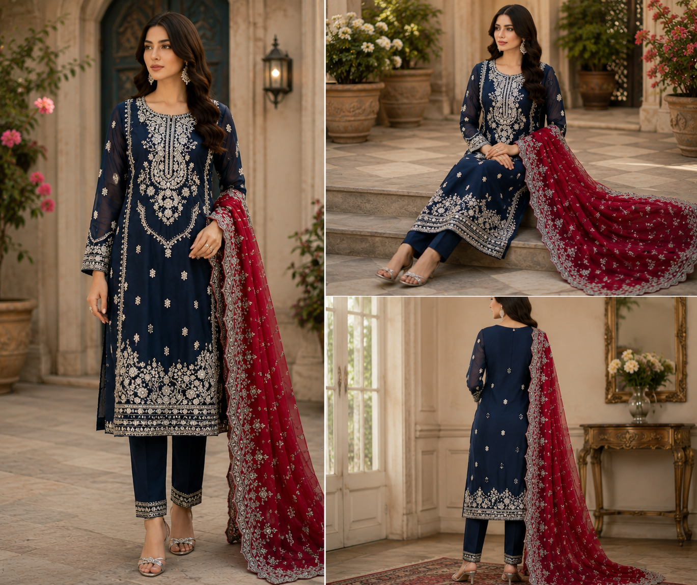 Navy Blue Embroidered - 3 Piece