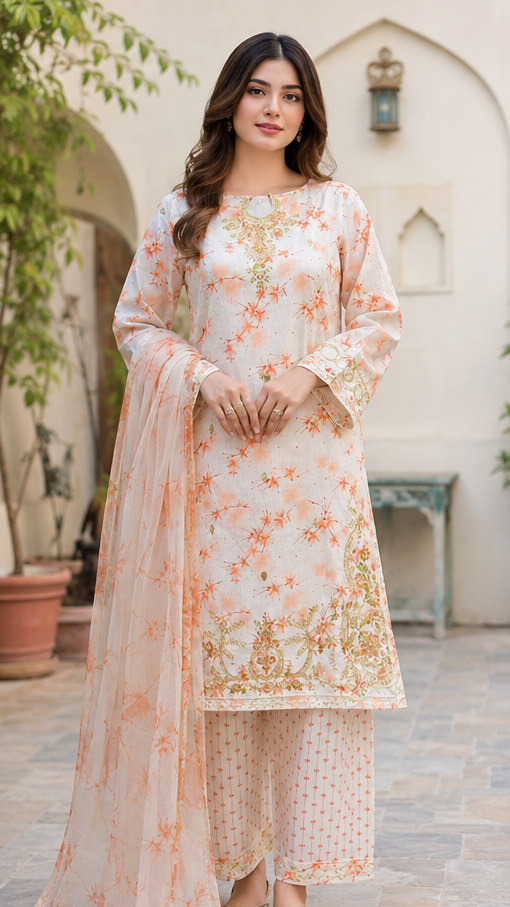 Peach Whisper Embroidered Suit - 3 Piece