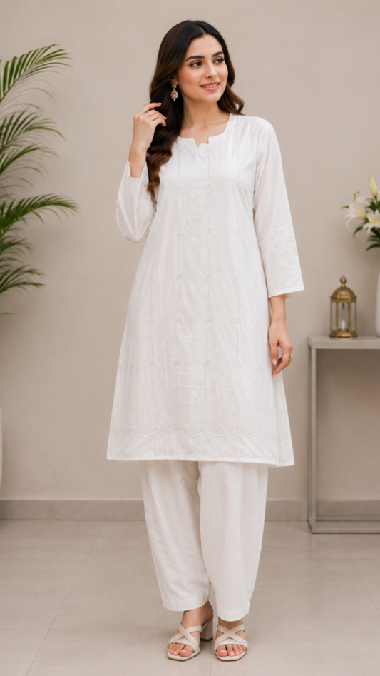 White Self-Embroidered Lawn Suit - 2 Piece