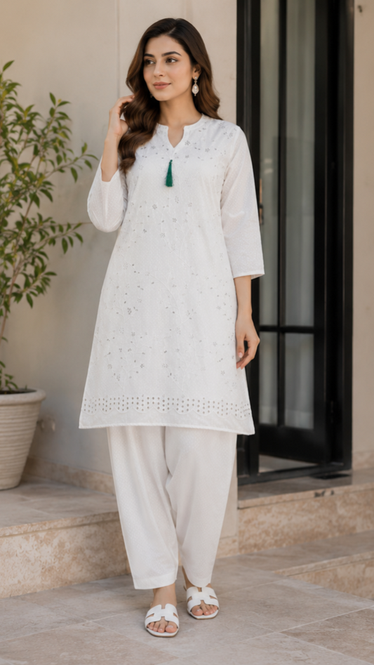 White Embroidered Lawn Kurta with Tulip Shalwar 2 Piece