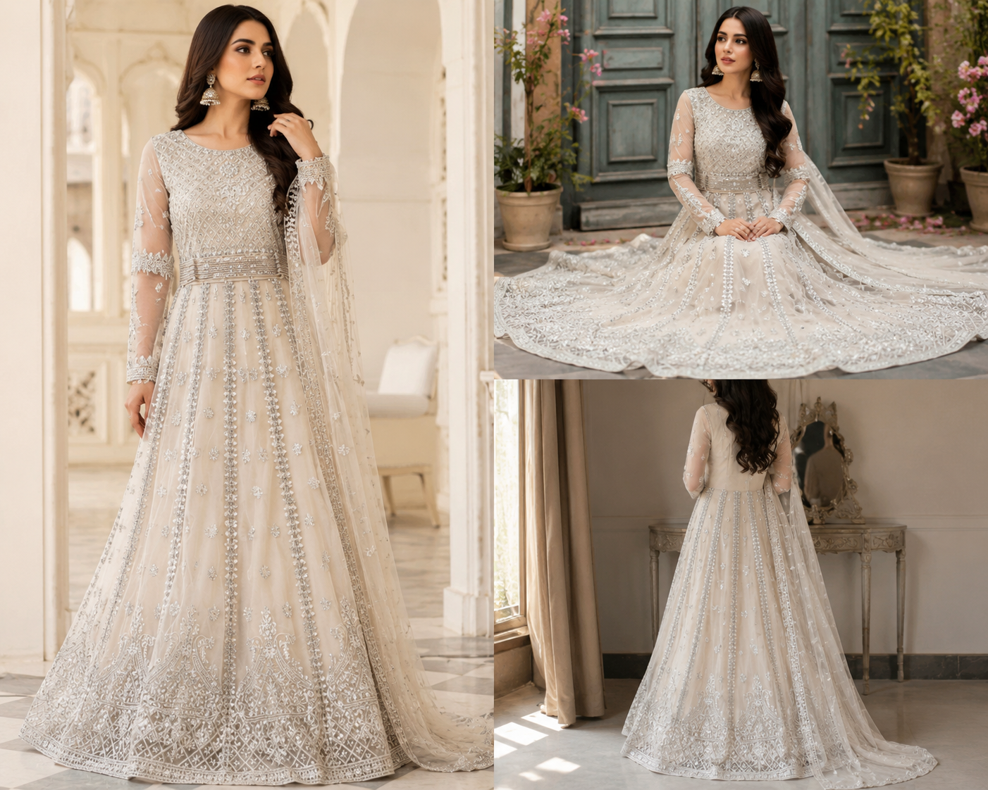 Luxury Silver Embroidered Maxi Dress