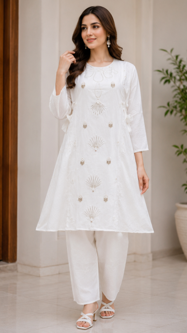 Classic White Embroidered Kurti Set - 2 Piece