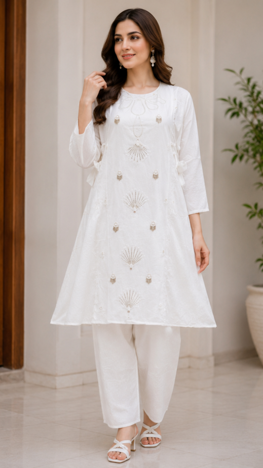 Classic White Embroidered Kurti Set - 2 Piece