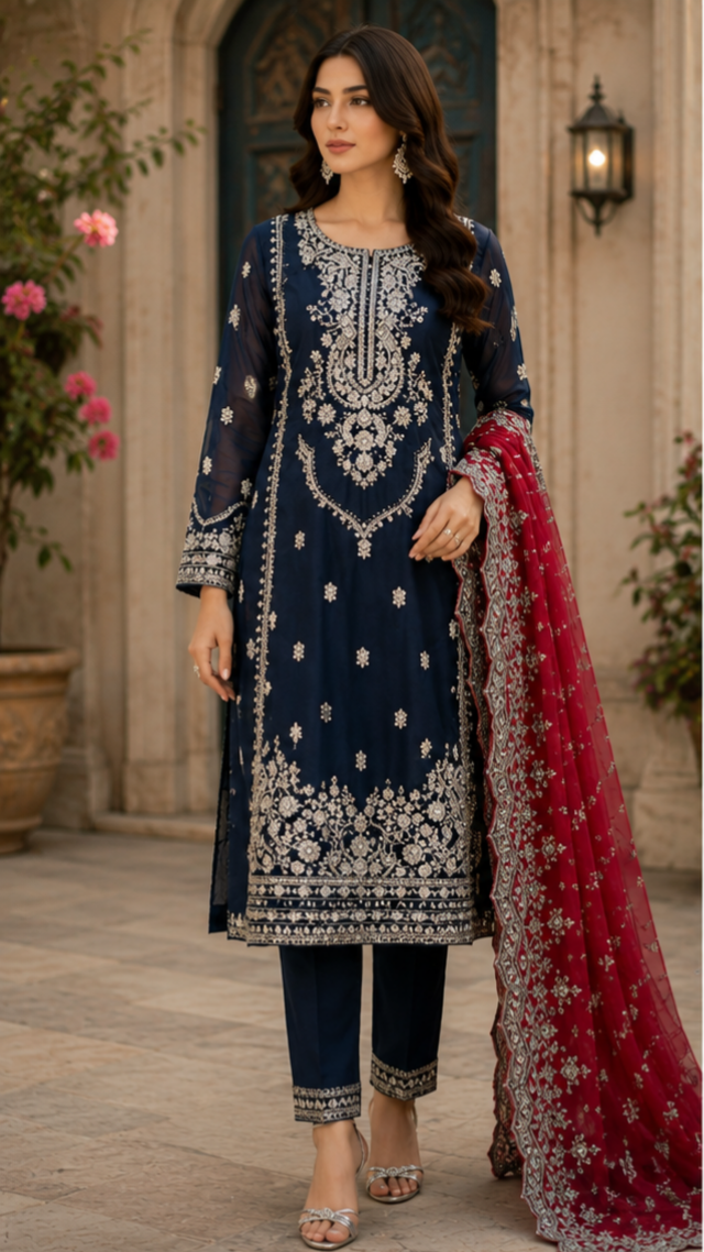 Navy Blue Embroidered - 3 Piece