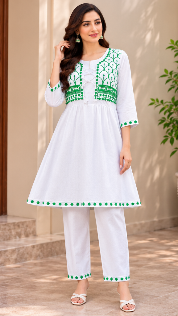 Ethnic White Embroidered Kurti Set - 2 Piece