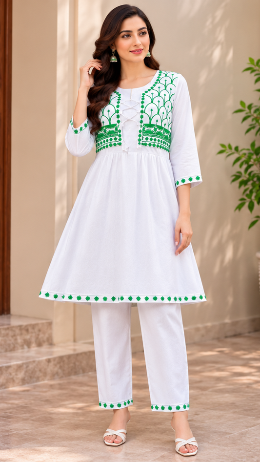 Ethnic White Embroidered Kurti Set - 2 Piece