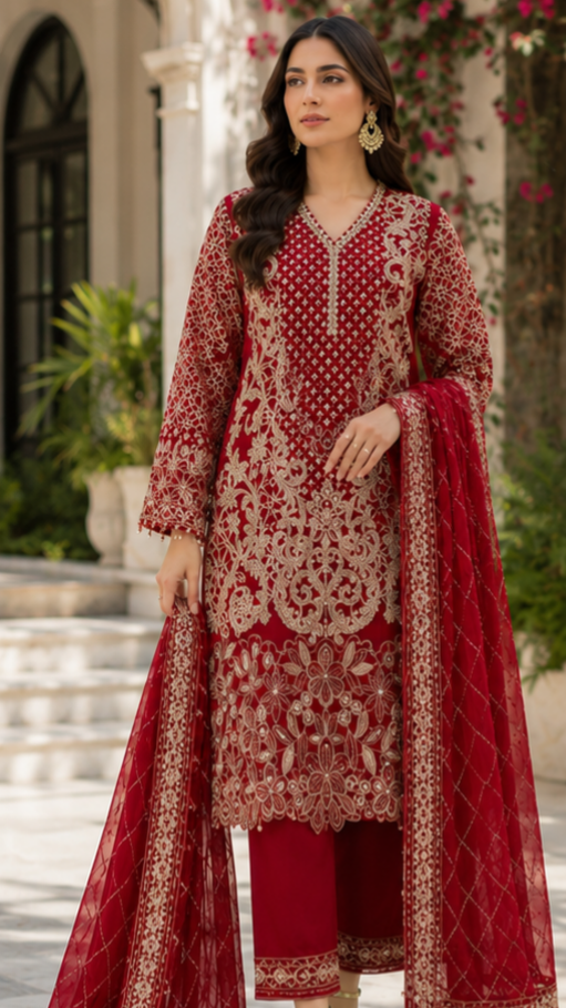 Crimson Royale Embroidered Suit - 3 Piece