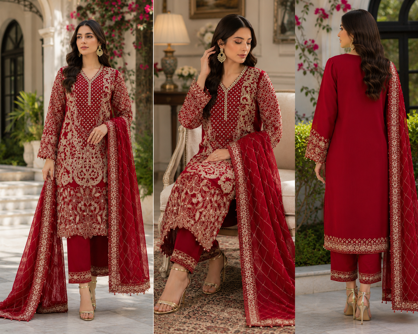 Crimson Royale Embroidered Suit - 3 Piece