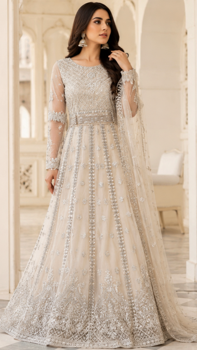 Luxury Silver Embroidered Maxi Dress