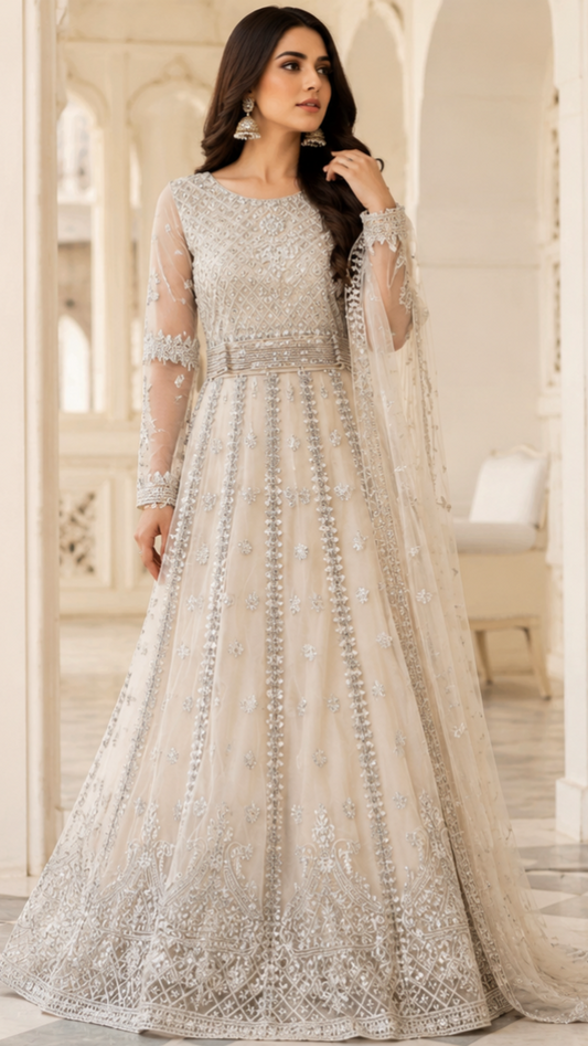 Luxury Silver Embroidered Maxi Dress
