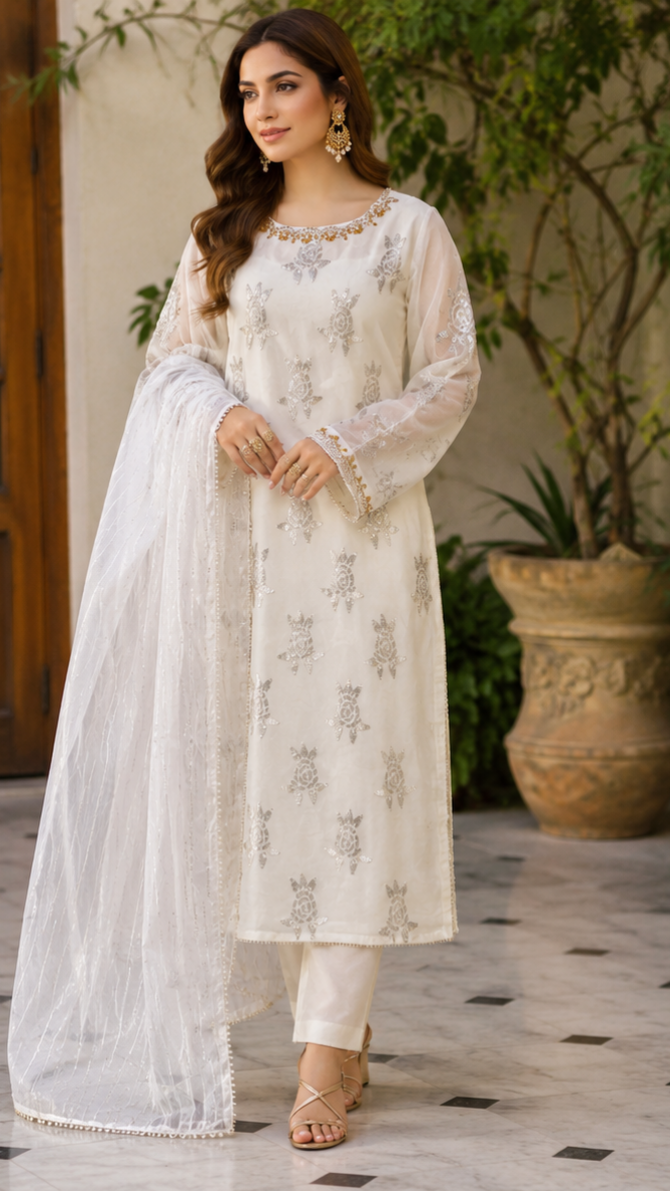 Ivory Charm Embroidered Suit - 3 Piece