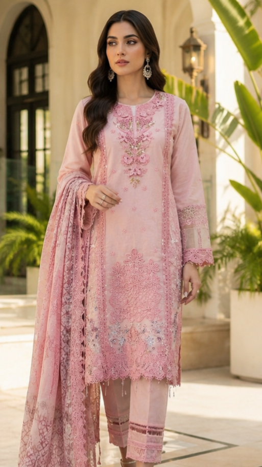 Pink Petals Embroidered Suit - 3 Piece