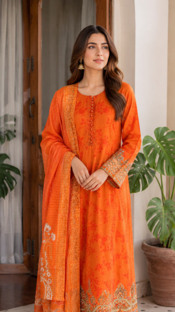 Orange Anarkali traditional 3 Piece